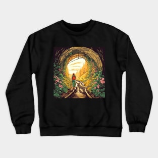 Tunnel of Love, Ukraine cartoon illustration. Man walking with dog on sunset Crewneck Sweatshirt